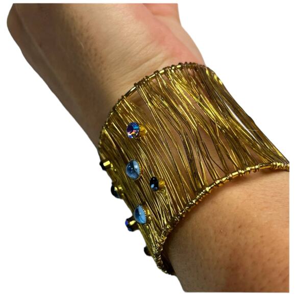 Textured Wire Cuff Bracelet with Blue Crystal Accents - Picture 8 of 11